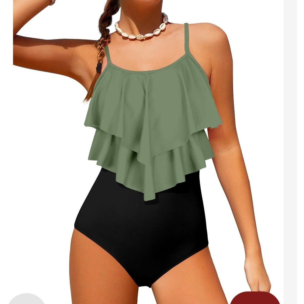 N3w Olive Green Ruffle Flounce One Piece Swimsuit‎ Black Bottoms Girls 15-16Y